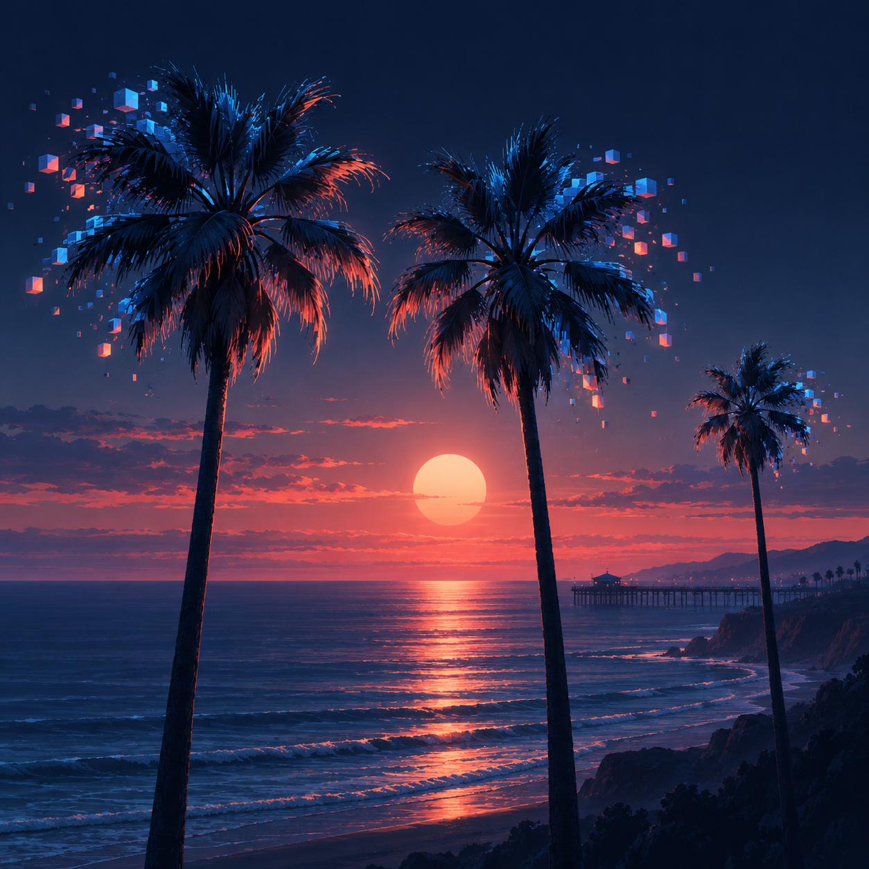 Surreal illustrated California palm trees with electric-blue edges and digital fragments above a coral sunset